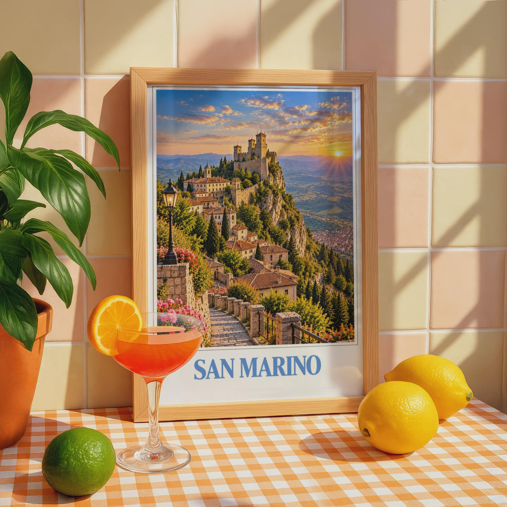 San Marino Travel Poster, Guaita Tower Sunset Print, Italian Hilltown Wall Art (Physical Print)