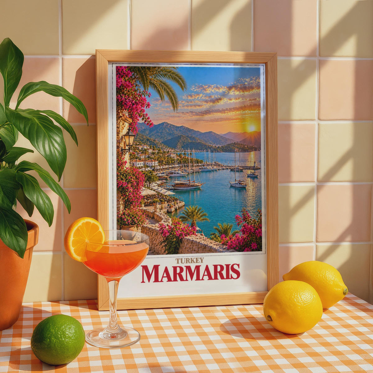 Marmaris Turkey Travel Poster, Aegean Coast Sunset, Sailing Boats, Bougainvillea (Printed Poster)