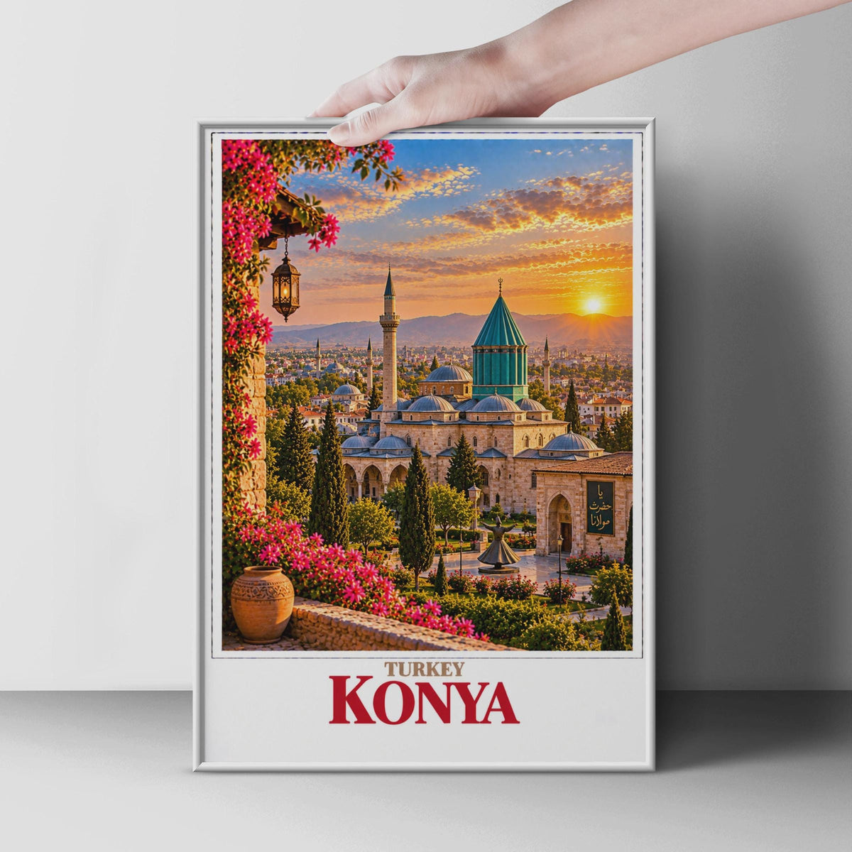 Konya Turkey Travel Poster, Mevlana Museum, Whirling Dervish, Sunset Skyline (Printed Poster)