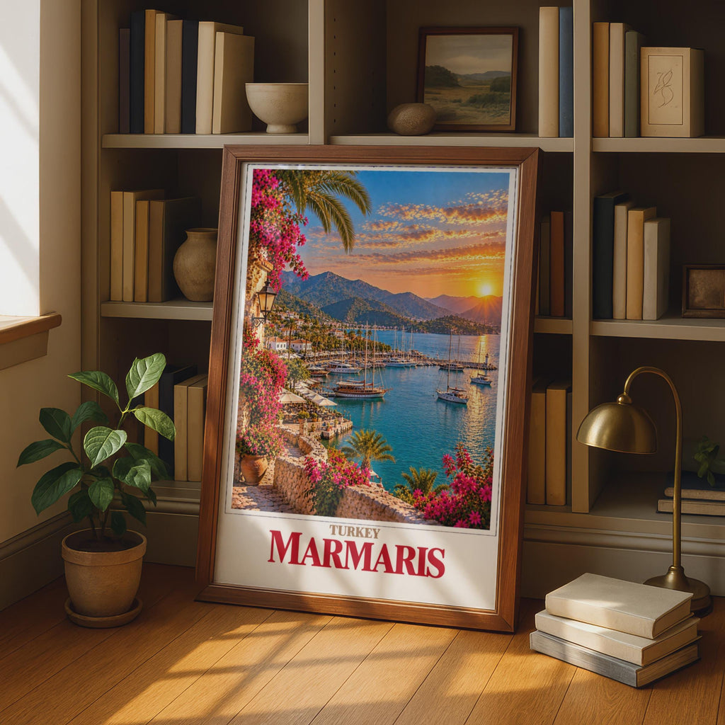 Marmaris Turkey Travel Poster, Aegean Coast Sunset, Sailing Boats, Bougainvillea (Printed Poster)