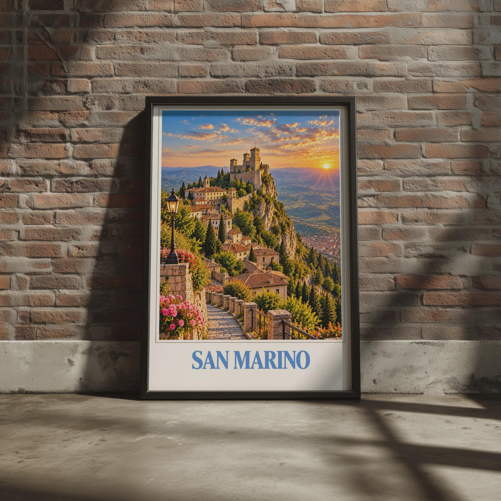 San Marino Travel Poster, Guaita Tower Sunset Print, Italian Hilltown Wall Art (Physical Print)