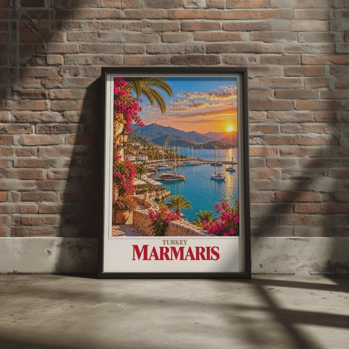 Marmaris Turkey Travel Poster, Aegean Coast Sunset, Sailing Boats, Bougainvillea (Printed Poster)
