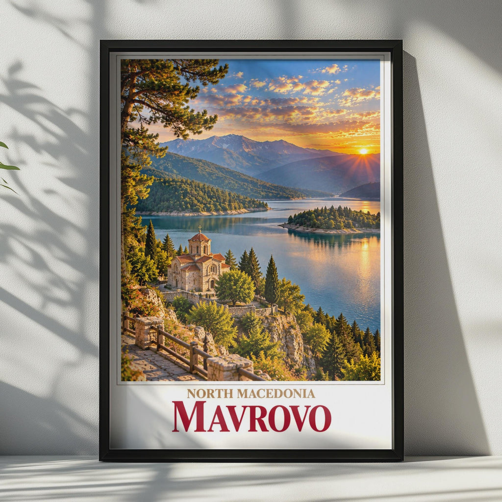 Mavrovo Lake Church Sunset Poster, North Macedonia Travel Art, Balkans Mountain Landscape Print