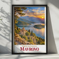 Mavrovo Lake Church Sunset Poster, North Macedonia Travel Art, Balkans Mountain Landscape Print