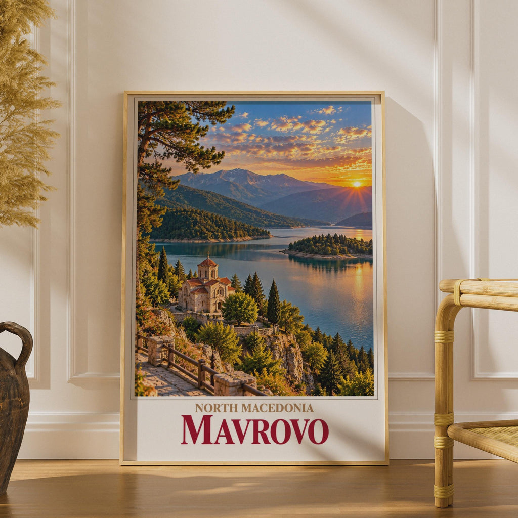 Mavrovo Lake Church Sunset Poster, North Macedonia Travel Art, Balkans Mountain Landscape Print