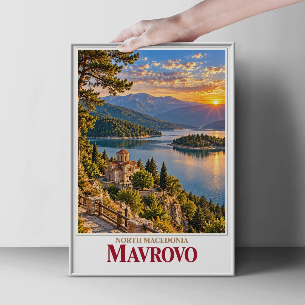 Mavrovo Lake Church Sunset Poster, North Macedonia Travel Art, Balkans Mountain Landscape Print