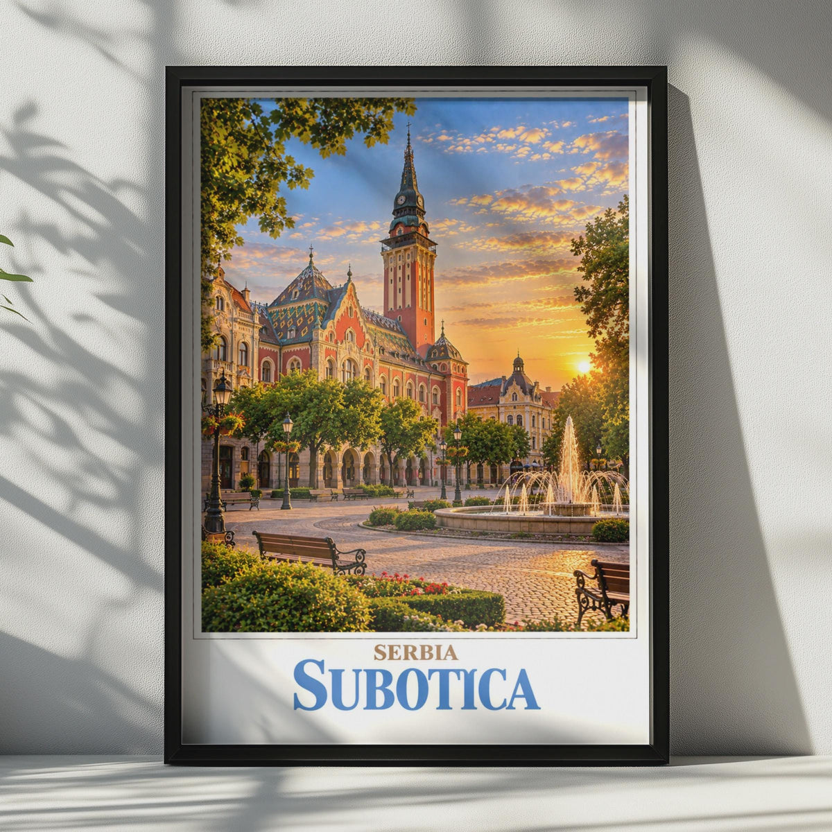 Subotica Serbia Travel Poster, Art Nouveau City Hall Sunset Print, Balkan Europe Wall Art