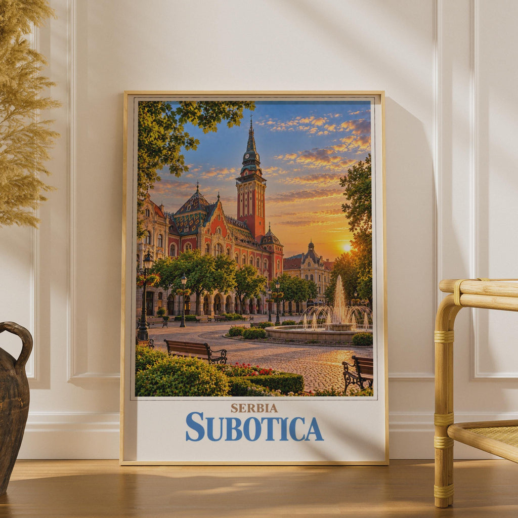 Subotica Serbia Travel Poster, Art Nouveau City Hall Sunset Print, Balkan Europe Wall Art