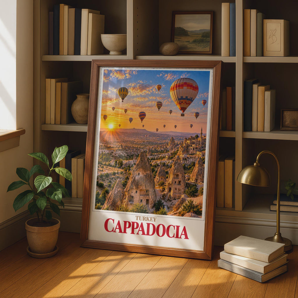 Cappadocia Turkey Travel Poster, Hot Air Balloons, Fairy Chimneys, Cave Dwellings (Printed)
