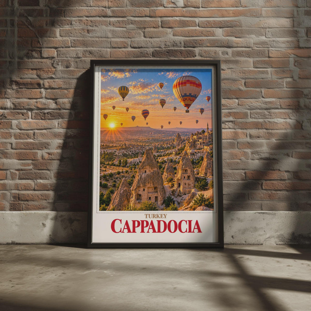 Cappadocia Turkey Travel Poster, Hot Air Balloons, Fairy Chimneys, Cave Dwellings (Printed)