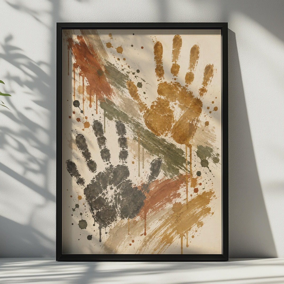 Handprint Art Poster, Abstract Wall Art, Grunge Splatter Print, Boho Home Decor, Rust Olive Ochre, Expressive Hands