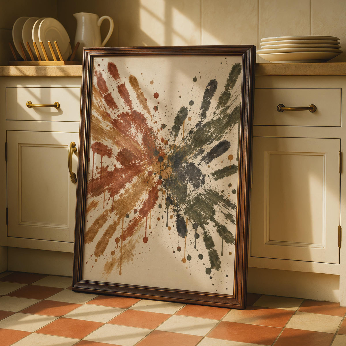 Abstract Handprint Splash Poster, Rust Charcoal Wall Art, Expressive Paint Splatter Print
