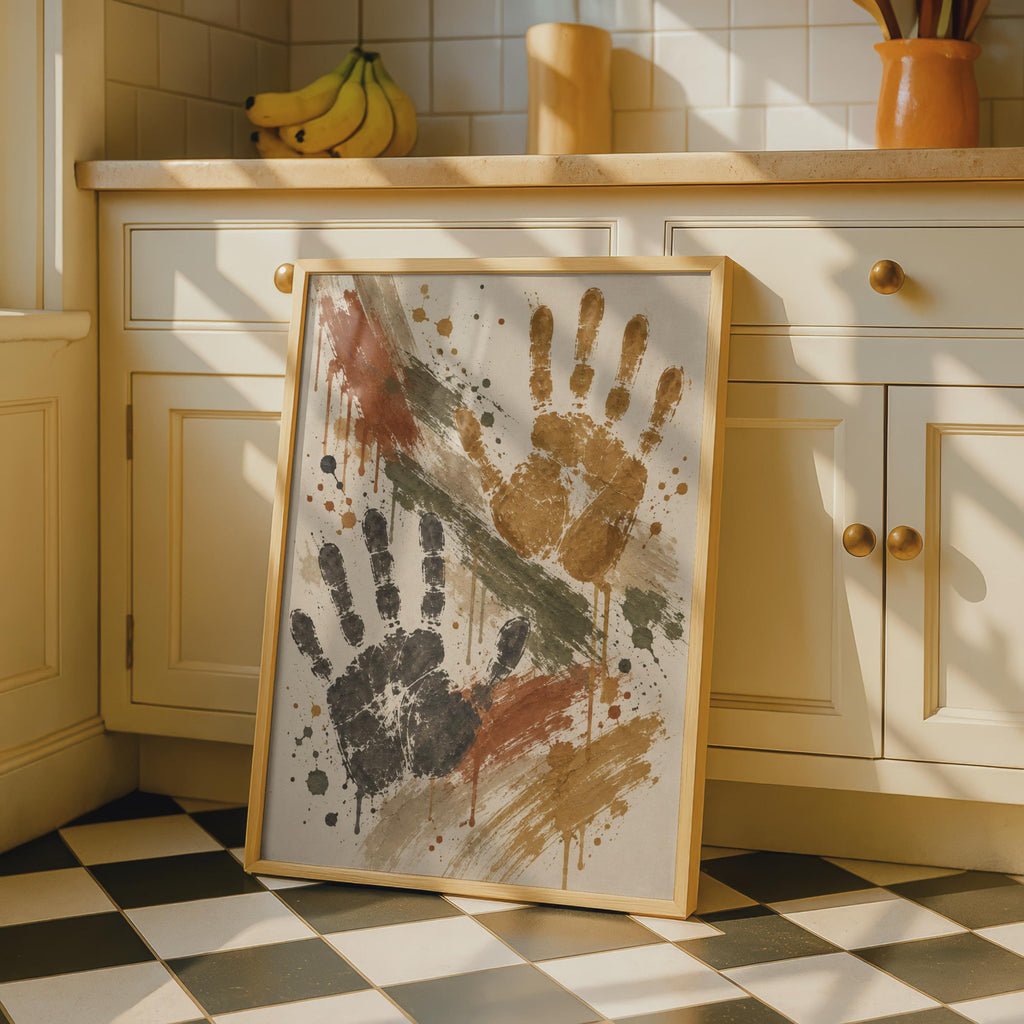 Handprint Art Poster, Abstract Wall Art, Grunge Splatter Print, Boho Home Decor, Rust Olive Ochre, Expressive Hands