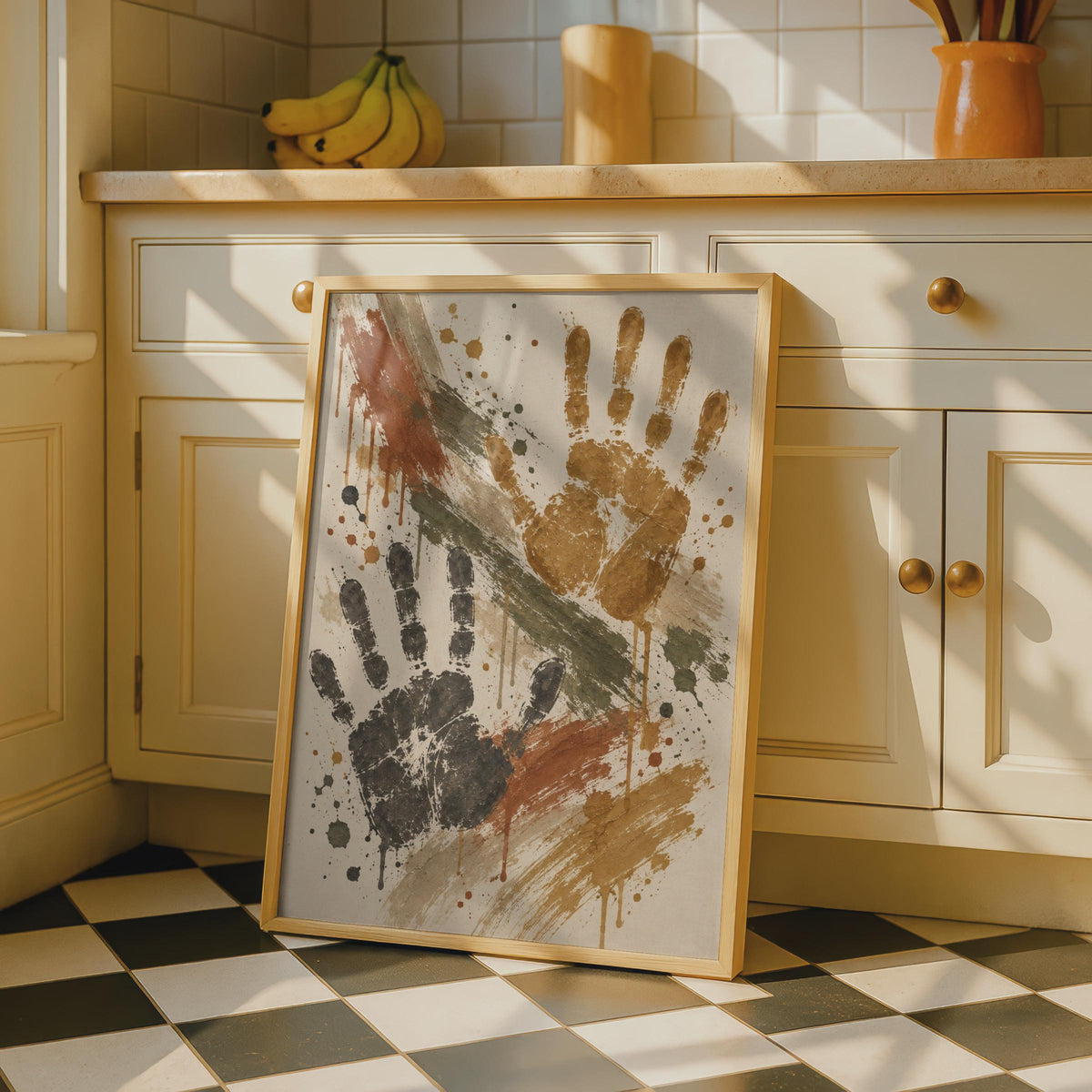 Handprint Art Poster, Abstract Wall Art, Grunge Splatter Print, Boho Home Decor, Rust Olive Ochre, Expressive Hands