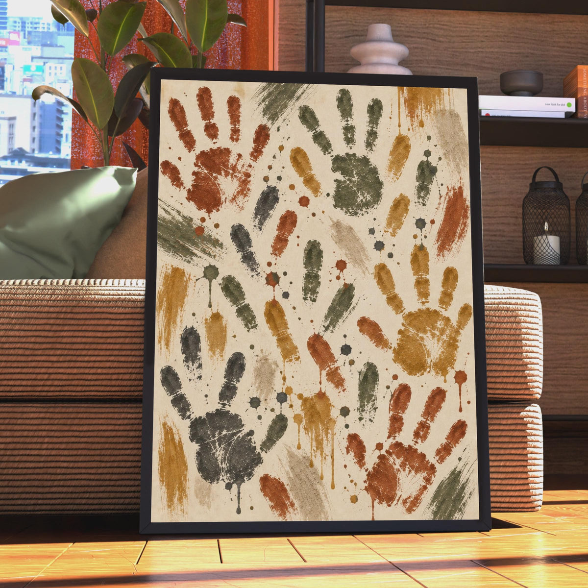 Earthy Tones Handprint Art Poster, Boho Abstract Wall Decor (Terracotta, Olive, Ochre)