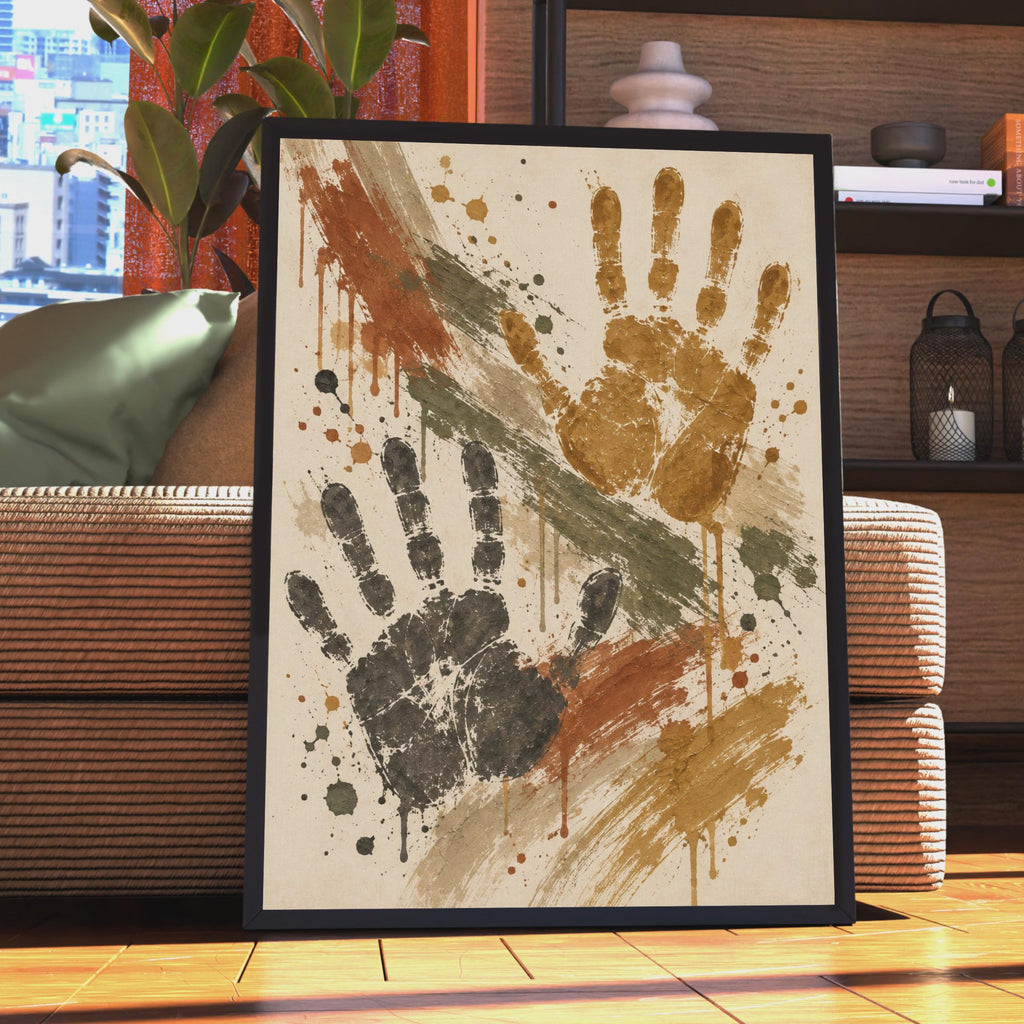 Handprint Art Poster, Abstract Wall Art, Grunge Splatter Print, Boho Home Decor, Rust Olive Ochre, Expressive Hands