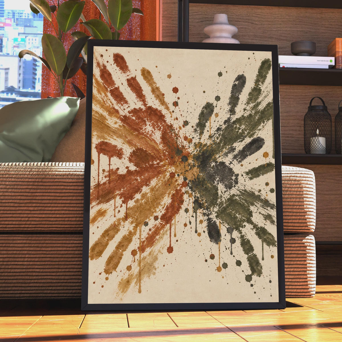 Abstract Handprint Splash Poster, Rust Charcoal Wall Art, Expressive Paint Splatter Print