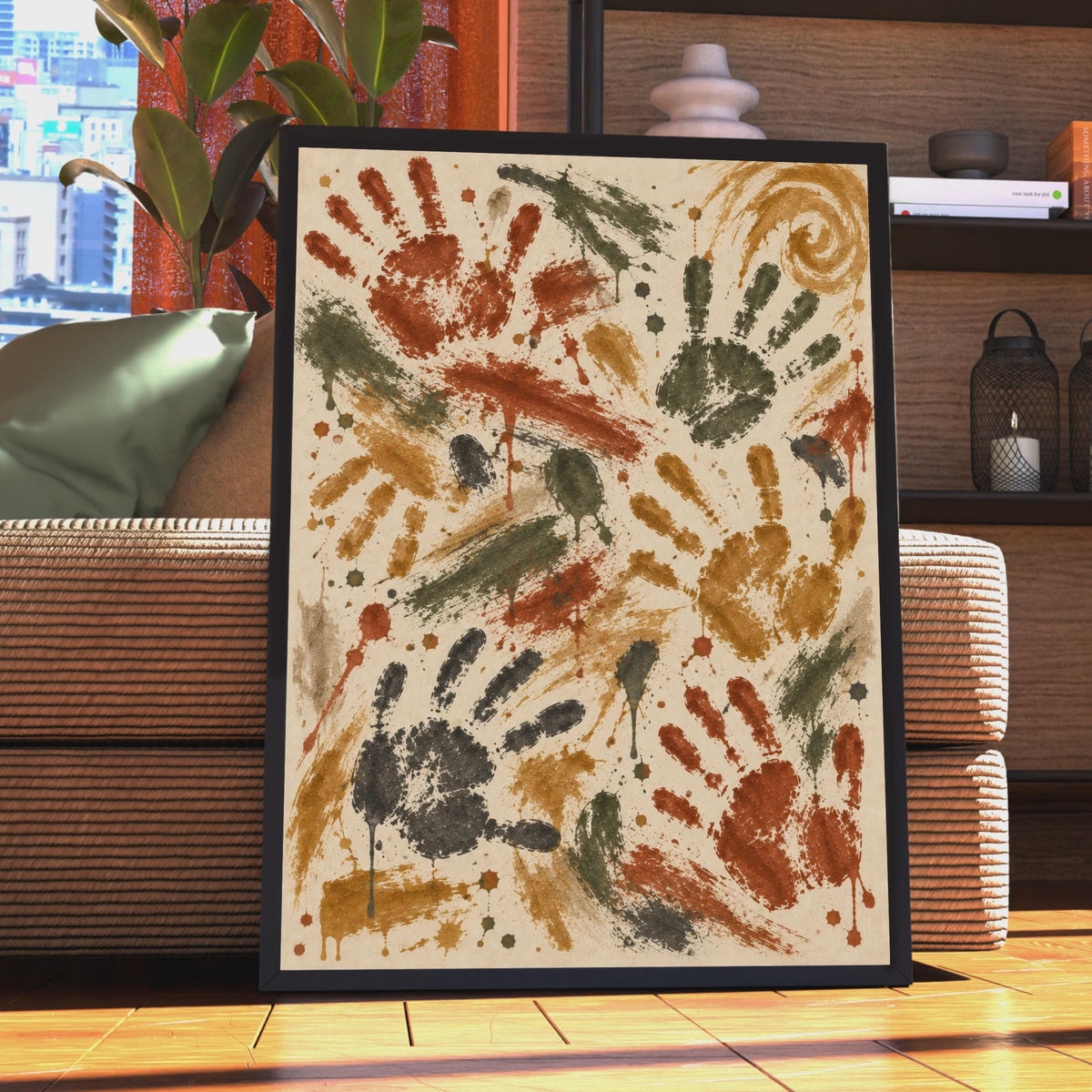 Handprint Art: Tribal Cave Painting Style Abstract Wall Art, Red Ochre Green Print