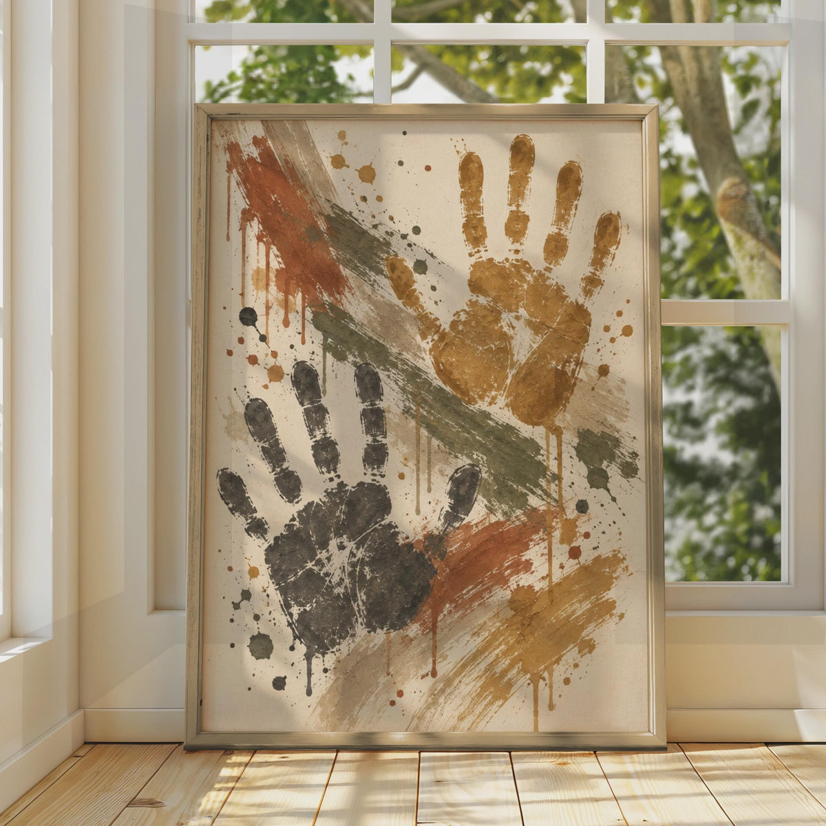 Handprint Art Poster, Abstract Wall Art, Grunge Splatter Print, Boho Home Decor, Rust Olive Ochre, Expressive Hands