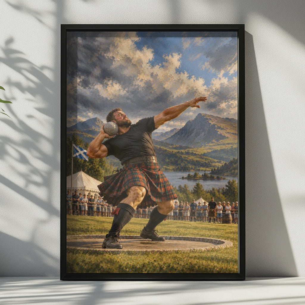 Scottish Highland Games Stone Put Poster, Tartan Kilt Athlete, Traditional Sports Wall Art (Print)