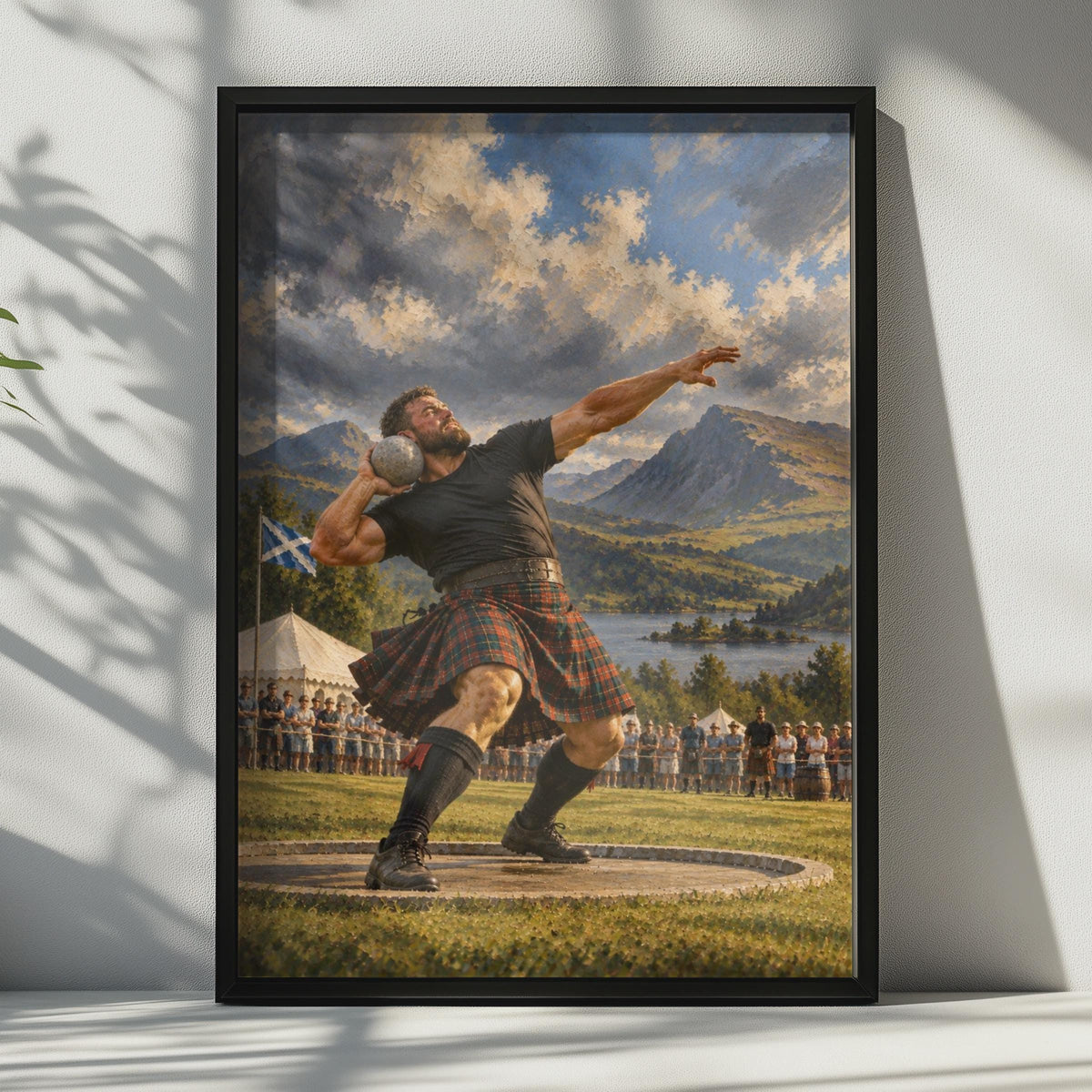 Scottish Highland Games Stone Put Poster, Tartan Kilt Athlete, Traditional Sports Wall Art (Print)