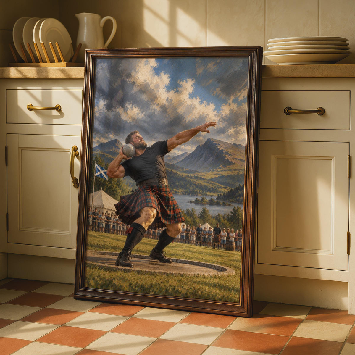 Scottish Highland Games Stone Put Poster, Tartan Kilt Athlete, Traditional Sports Wall Art (Print)
