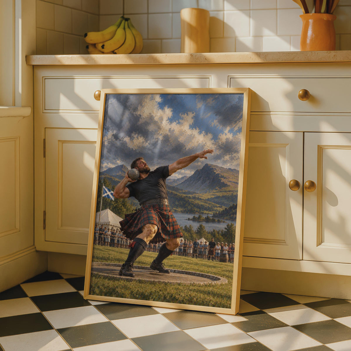 Scottish Highland Games Stone Put Poster, Tartan Kilt Athlete, Traditional Sports Wall Art (Print)
