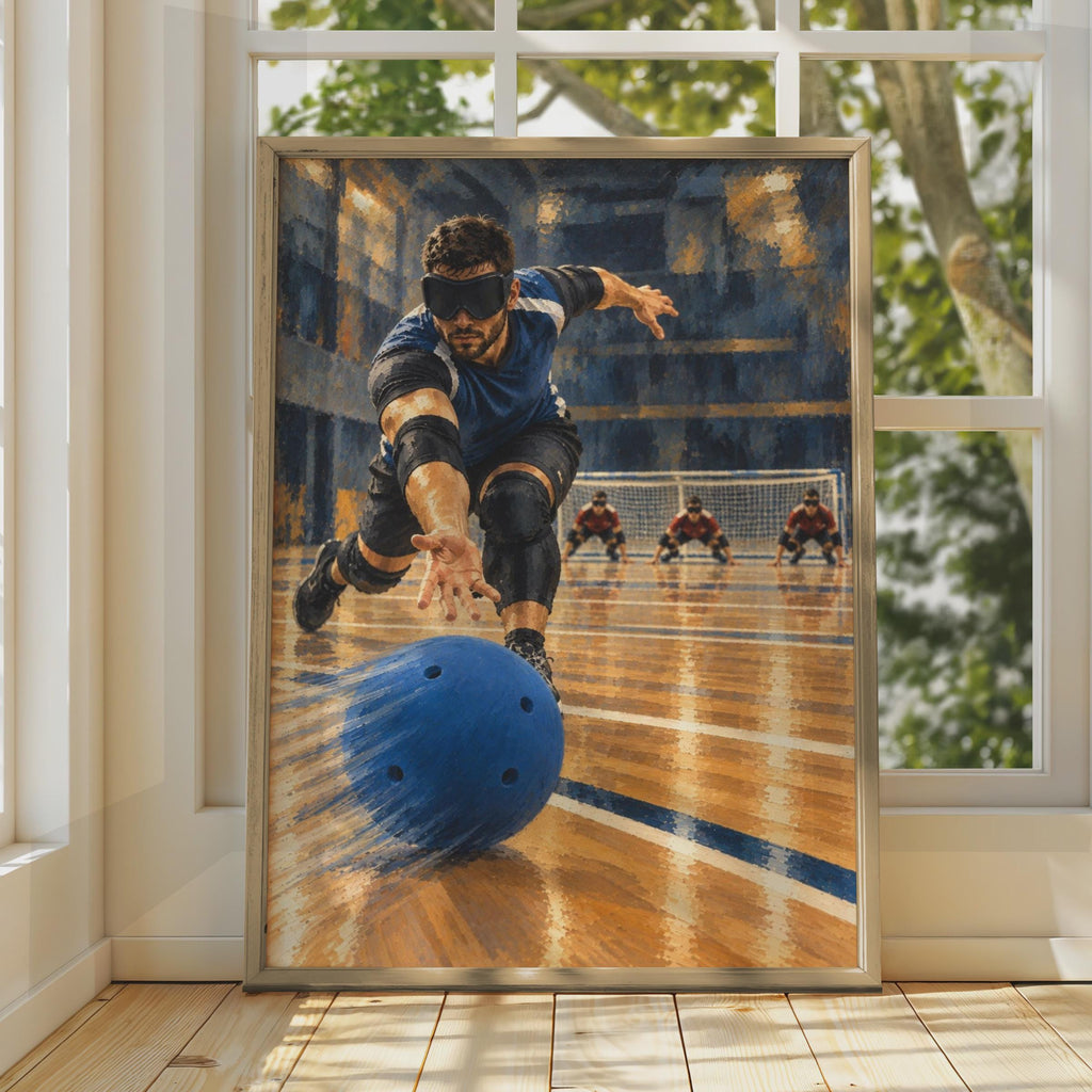 Goalball Sports Poster, Paralympic Athlete Wall Art, Indoor Sports Print, Blue and Gold Gym Decor, Disability Sport