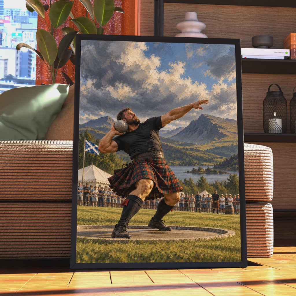 Scottish Highland Games Stone Put Poster, Tartan Kilt Athlete, Traditional Sports Wall Art (Print)