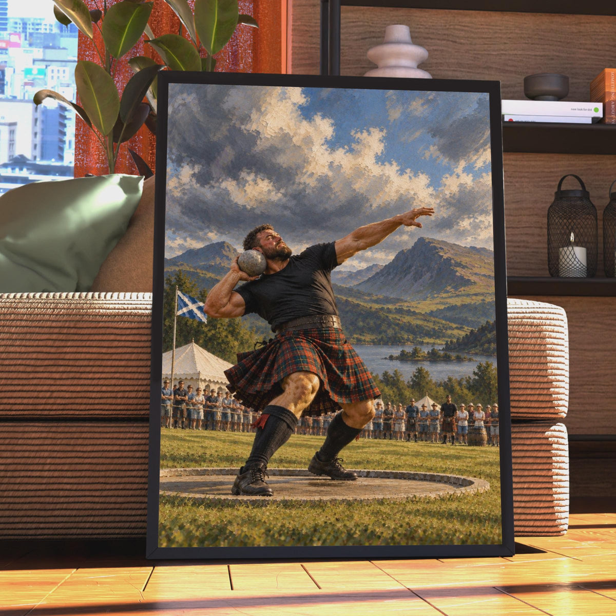 Scottish Highland Games Stone Put Poster, Tartan Kilt Athlete, Traditional Sports Wall Art (Print)
