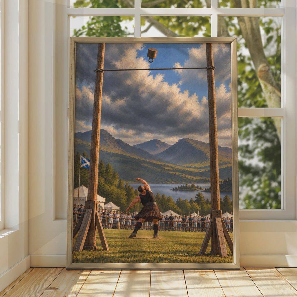 Scottish Highland Games Weight Throw Poster, Tartan Kilt Athlete, Scotland Landscape Art