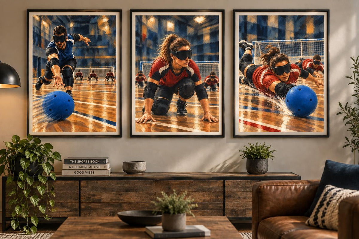 Goalball Sports Poster, Paralympic Athlete Wall Art, Indoor Sports Print, Blue and Gold Gym Decor, Disability Sport