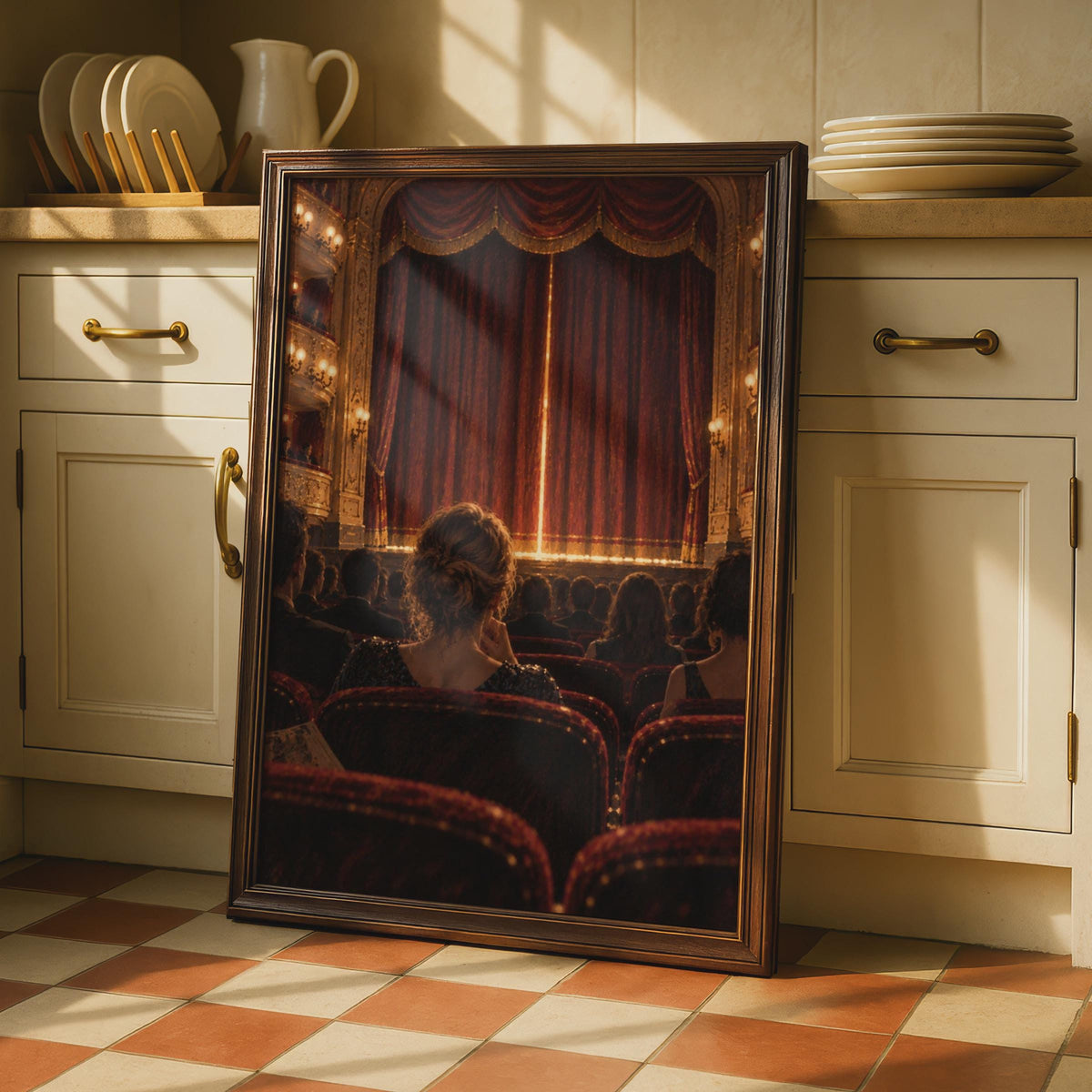 Grand Theatre Poster, Elegant Woman Audience, Red Gold Curtain, Classical Music Decor