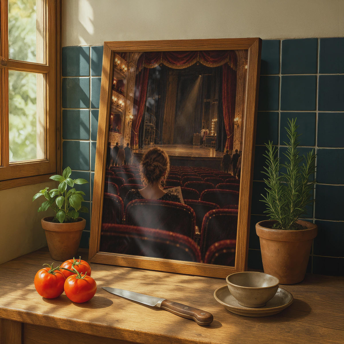Grand Opera House Poster, Woman Audience, Red Velvet Seats, Dramatic Moody Home Decor Print