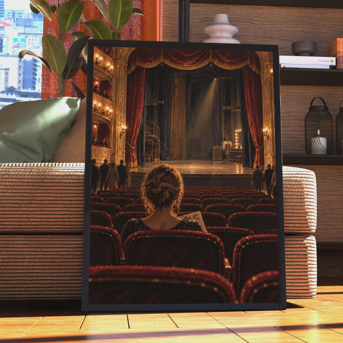 Grand Opera House Poster, Woman Audience, Red Velvet Seats, Dramatic Moody Home Decor Print