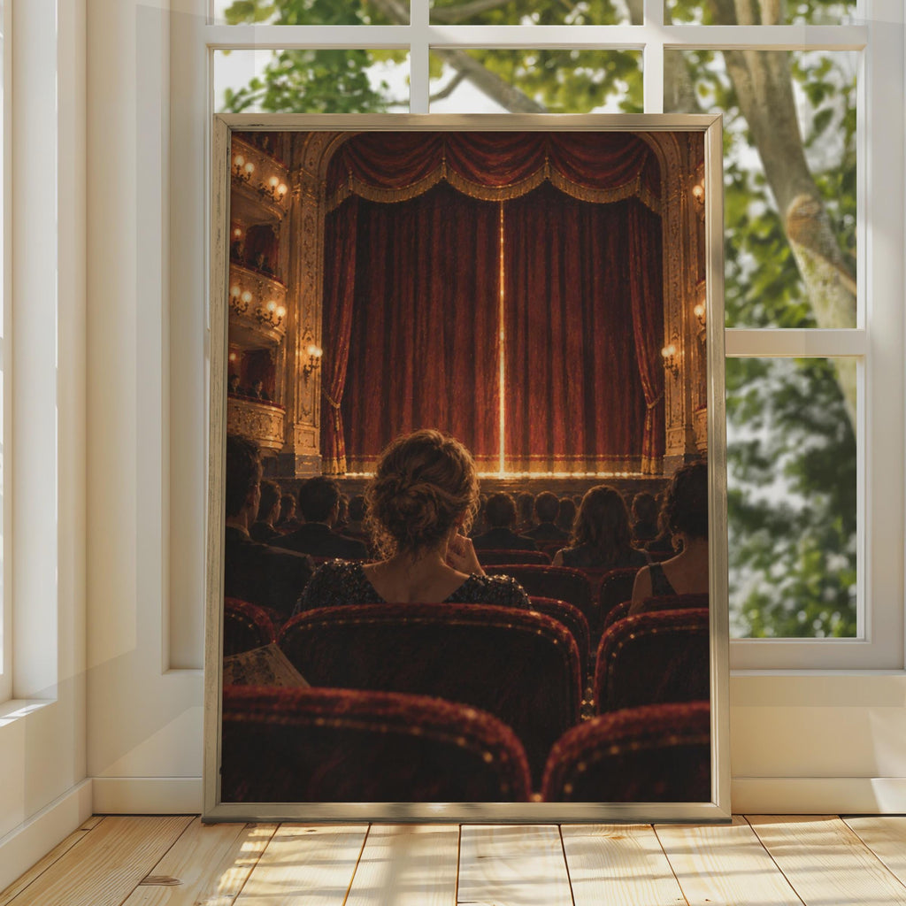Grand Theatre Poster, Elegant Woman Audience, Red Gold Curtain, Classical Music Decor