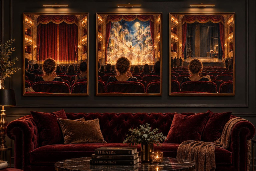 Grand Opera House Poster, Woman Audience, Red Velvet Seats, Dramatic Moody Home Decor Print