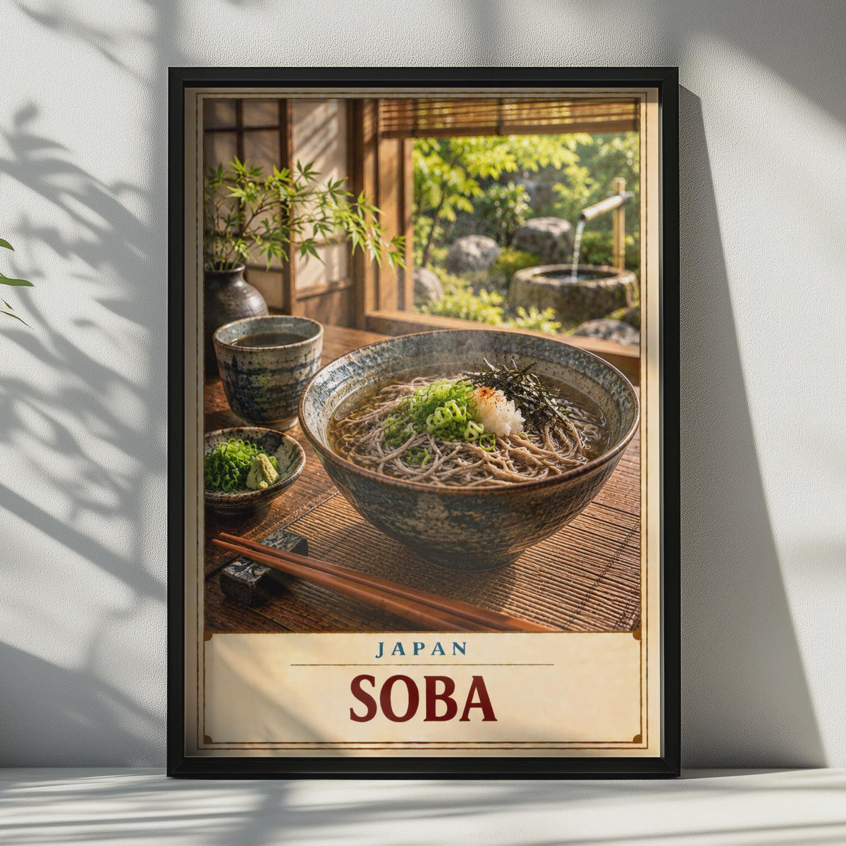 Japanese Soba Noodle Poster, Zen Garden, Warm Tones (Physical Print)