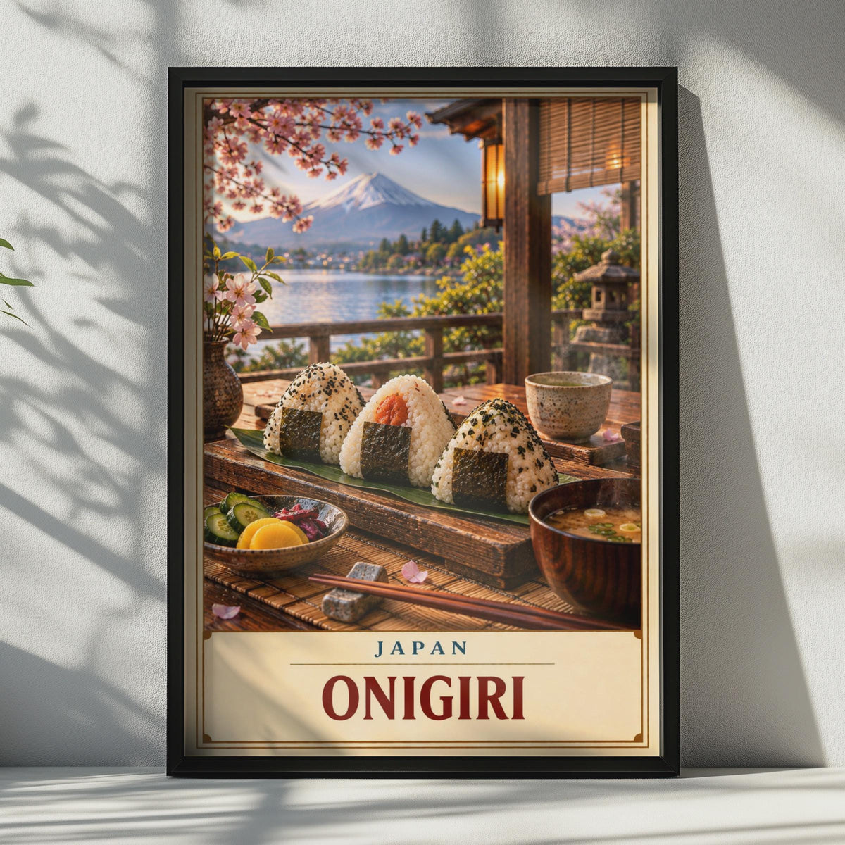Japan Onigiri Poster, Mount Fuji, Cherry Blossom, Bamboo Tray (Printed Poster)