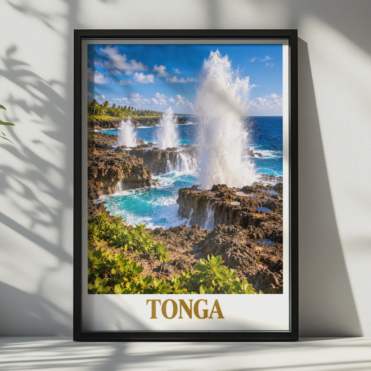 Tonga Travel Poster, South Pacific Blowholes, Tropical Coastal Print (Physical)