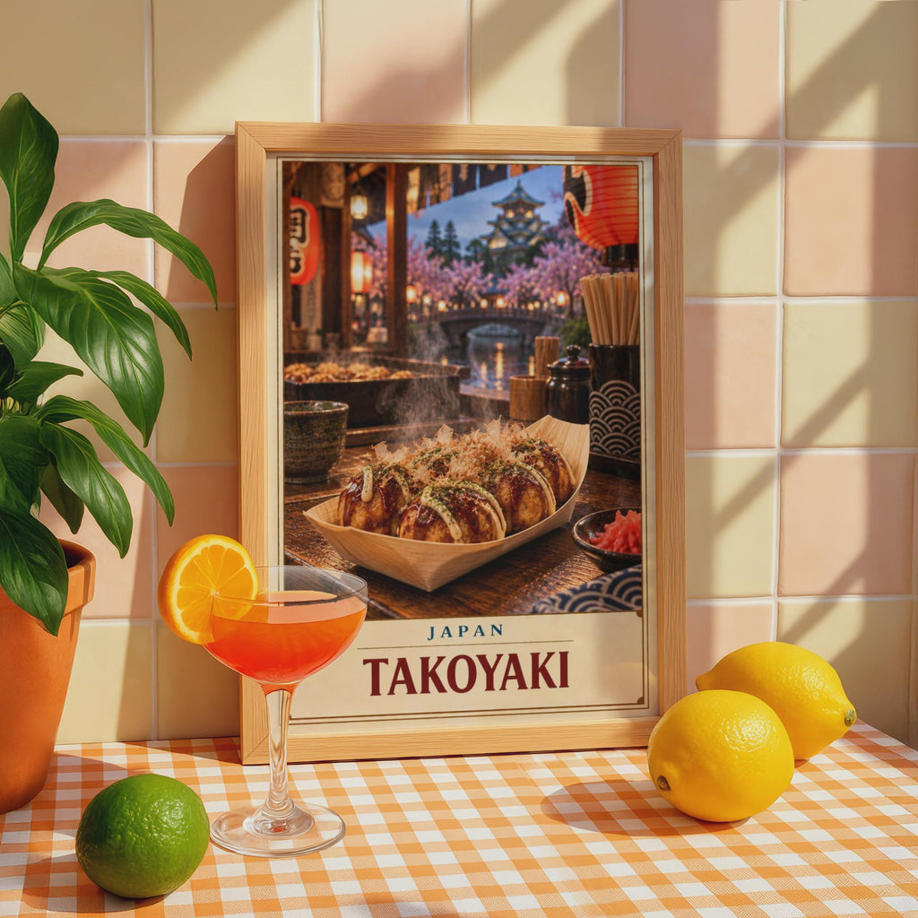 Takoyaki Japan Street Food Poster, Cherry Blossom Kitchen Decor (Printed Poster)
