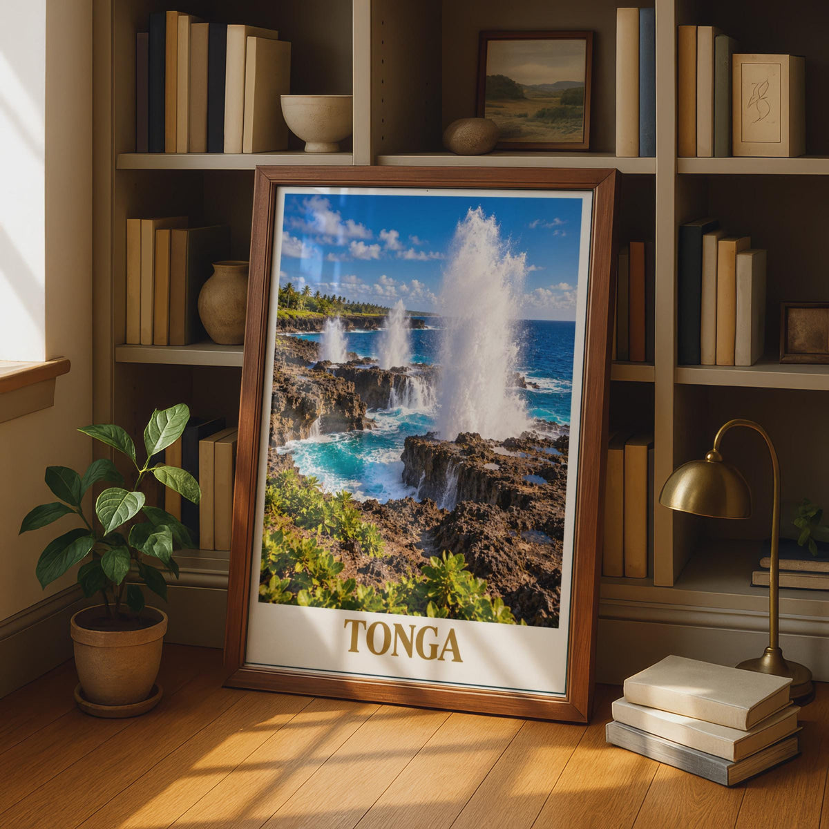 Tonga Travel Poster, South Pacific Blowholes, Tropical Coastal Print (Physical)