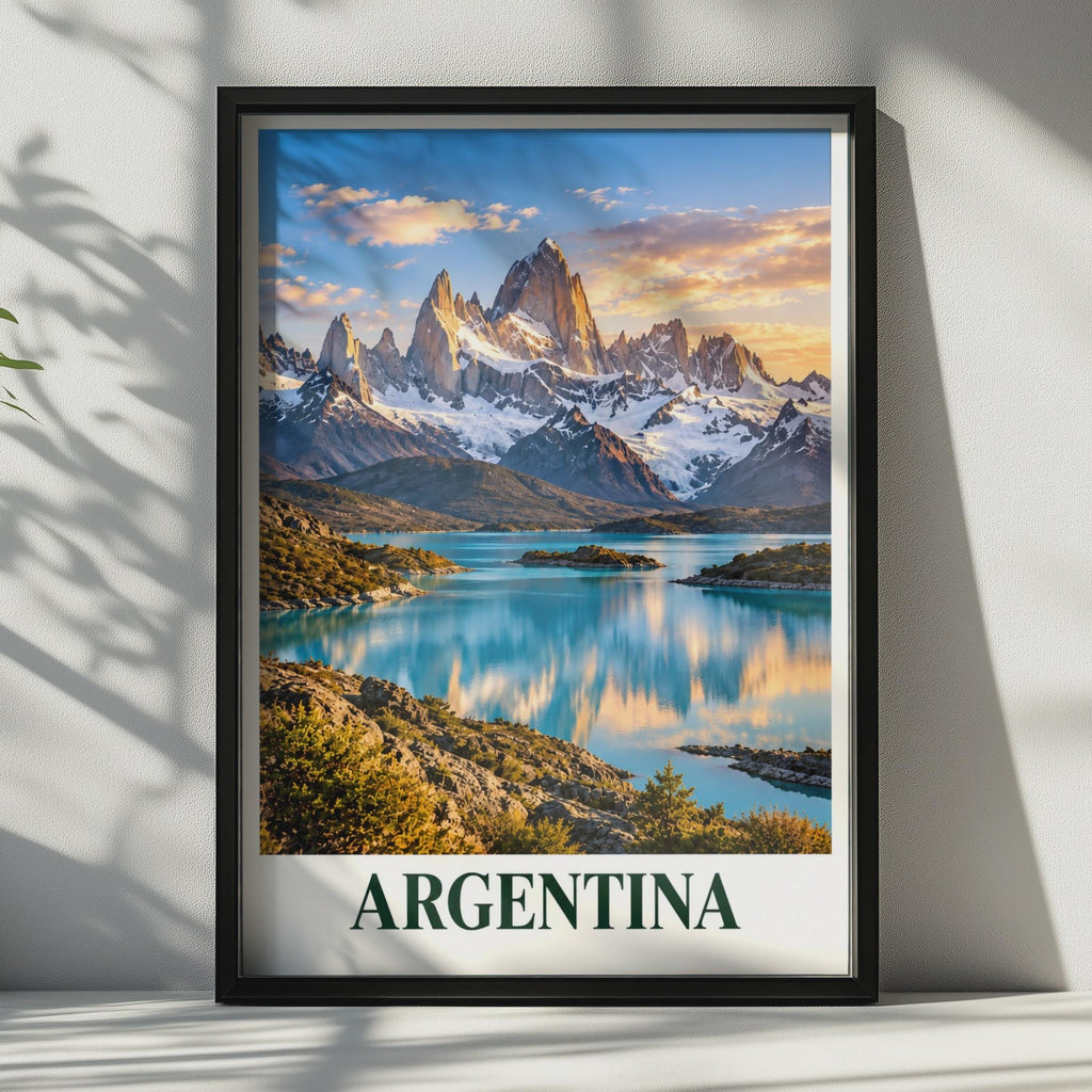 Argentina Patagonia Travel Poster, Fitz Roy Mountain Lake Print, South America Landscape Wall Art