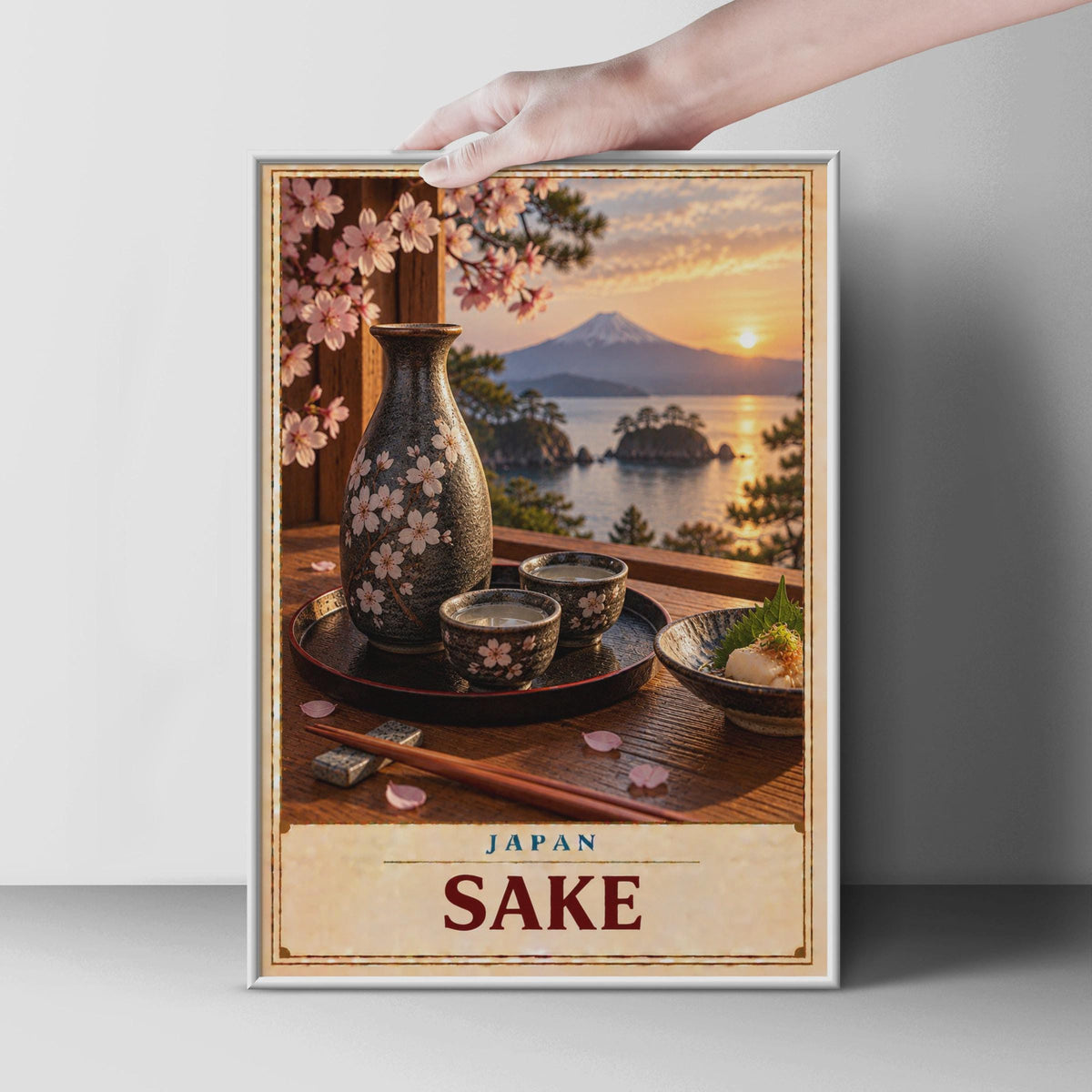 Japan Sake Poster, Mount Fuji, Cherry Blossom Sunset, Vintage Travel Art