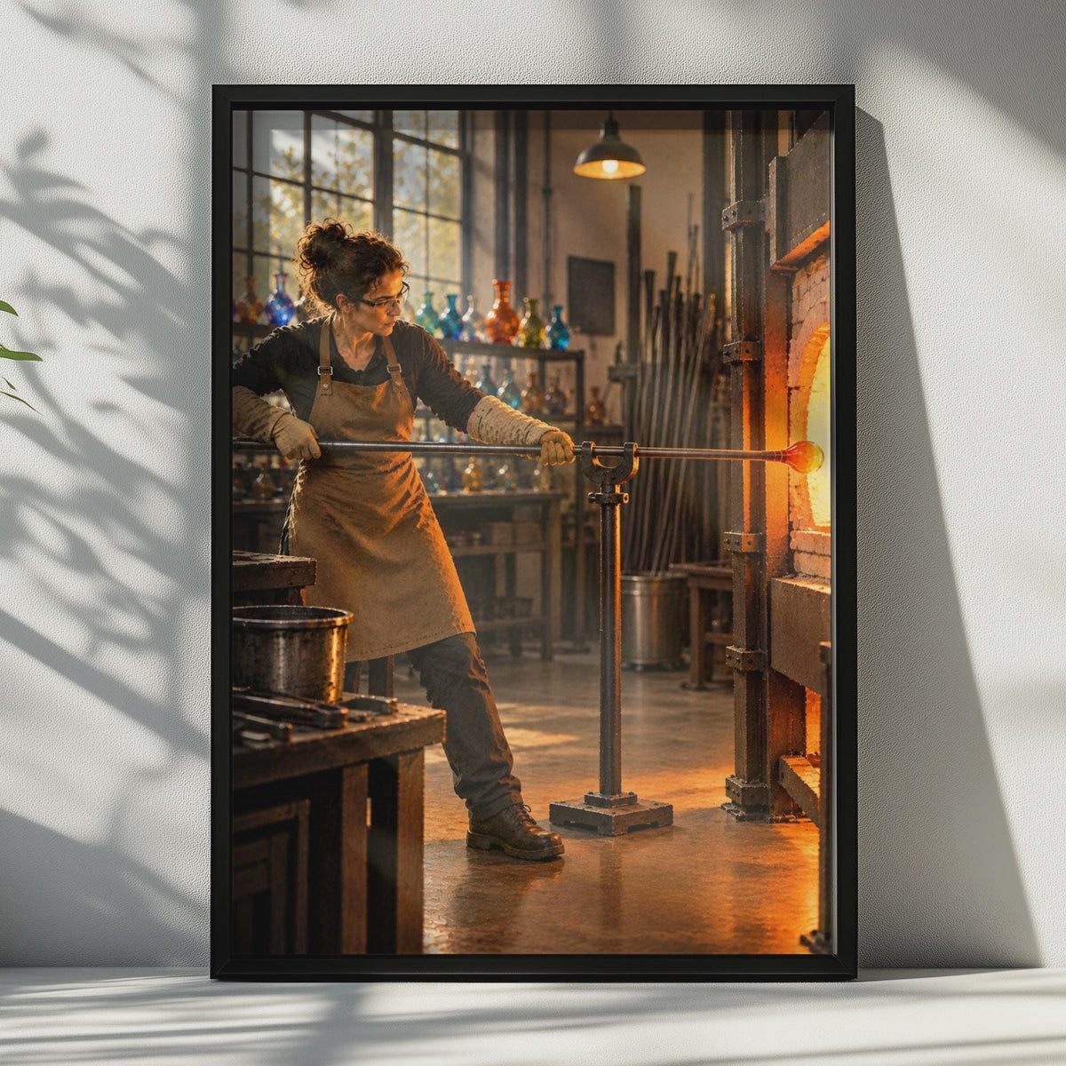 Glass Blowing Studio Poster, Female Artisan, Industrial Craft Room Decor
