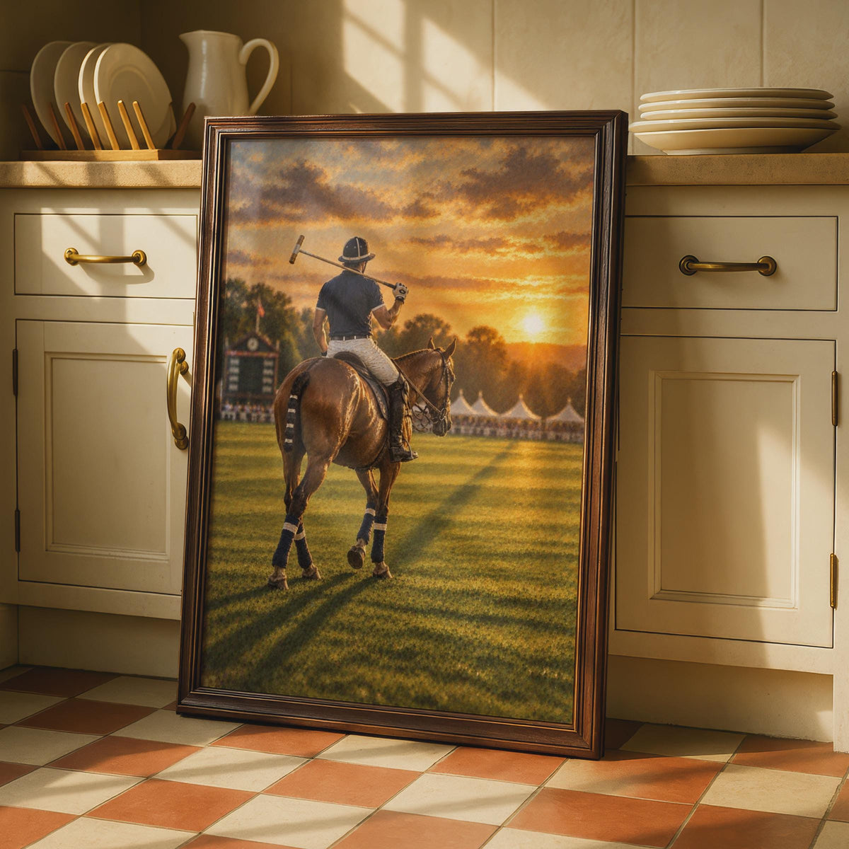 Polo Player at Sunset Poster, Equestrian Sport Wall Art, Golden Sky Print