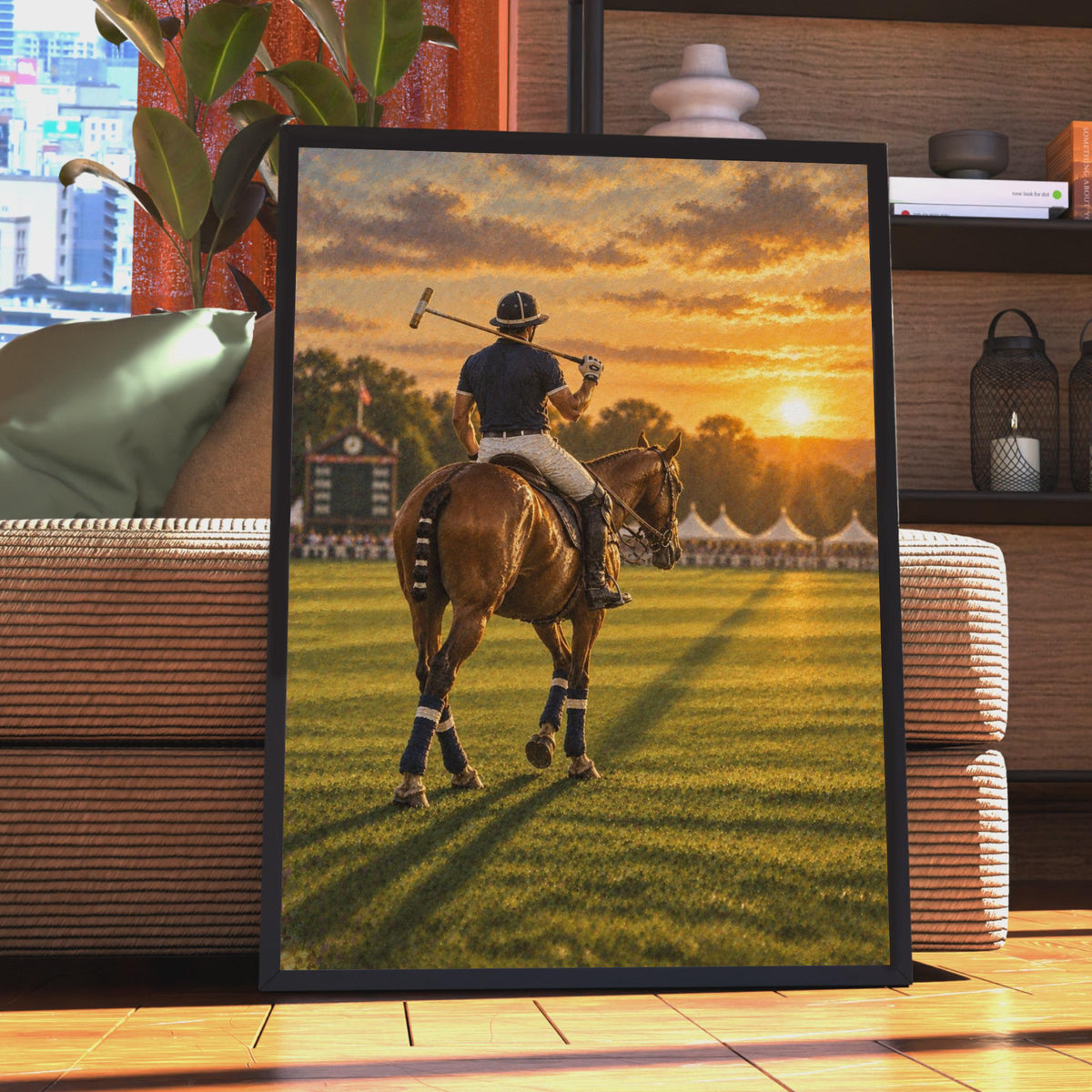 Polo Player at Sunset Poster, Equestrian Sport Wall Art, Golden Sky Print
