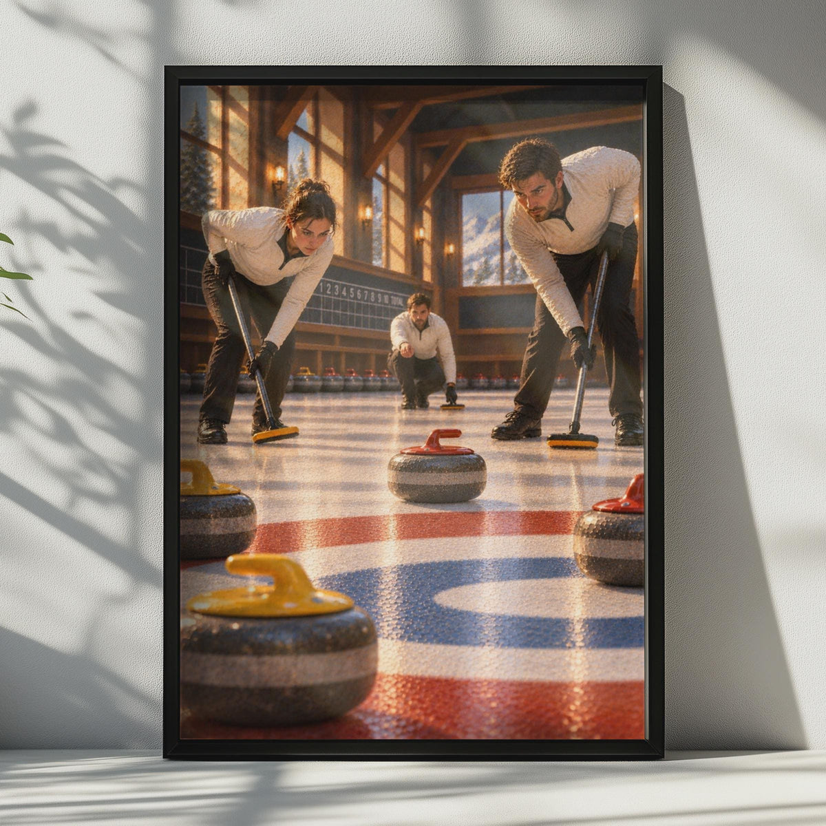 Curling Sport Poster, Winter Ice Rink Wall Art, Athletes Sweeping Print, Rustic Lodge Decor