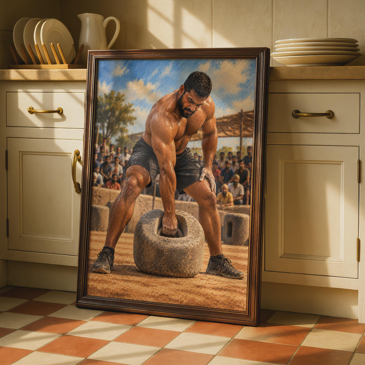 Indian Strongman Stone Lift Poster, Traditional Wrestling Wall Art, Strength Sports Print (Gym Decor)
