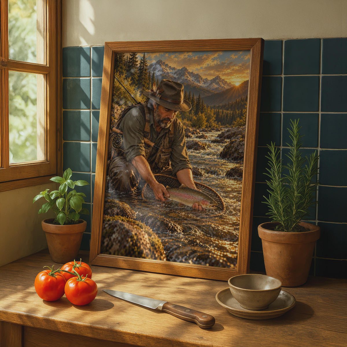 Fly Fishing Poster, Mountain River Trout Catch at Sunset, Rustic Lodge Decor (Print)